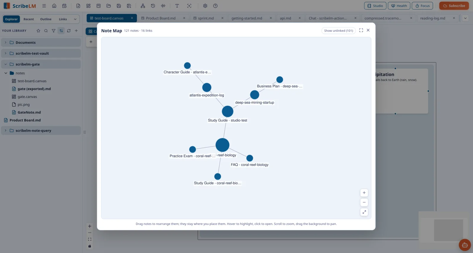 A graph of notes as connected dots, with study guides, practice exams, and business plans linked to their sources.