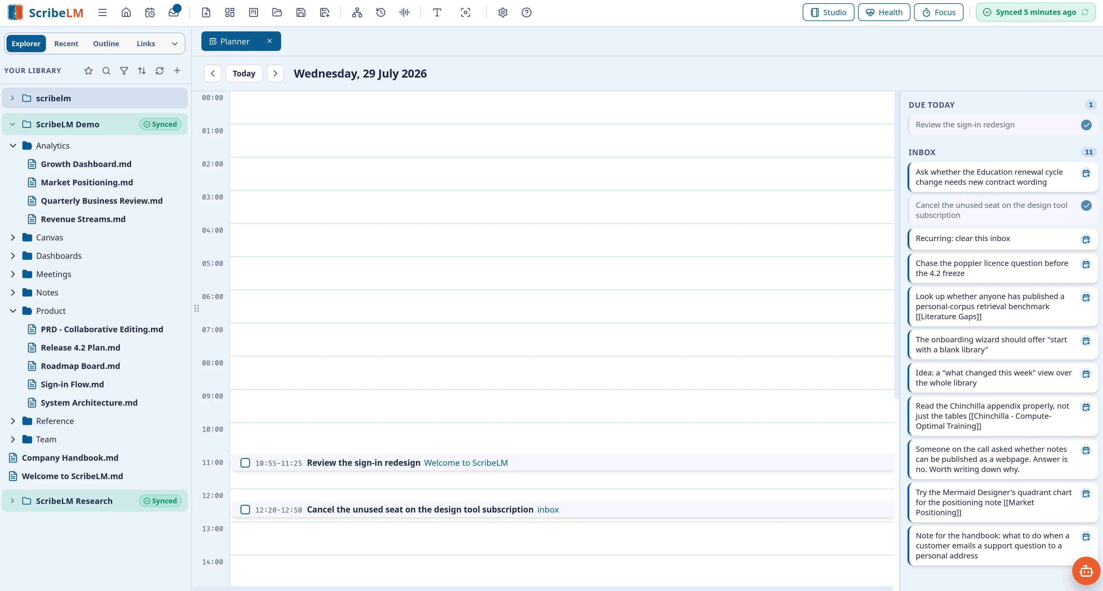 The Day Planner: a drag-to-plan timeline for the day beside due-today and inbox panels.
