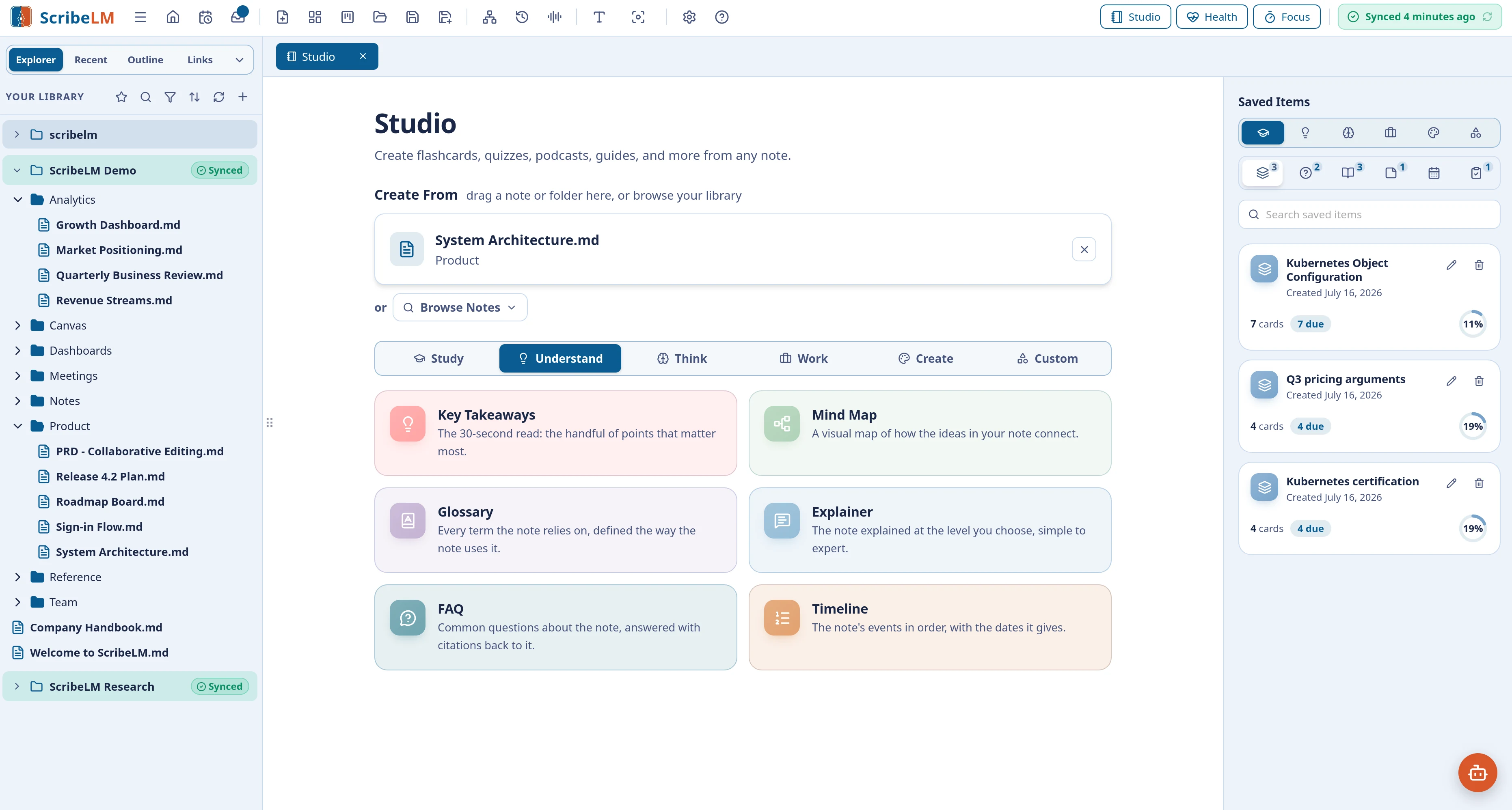 The Studio screen with six modes, Study, Understand, Think, Work, Create, and Custom, each offering generators such as flashcards, quiz, mind map, briefing doc, and podcast script.